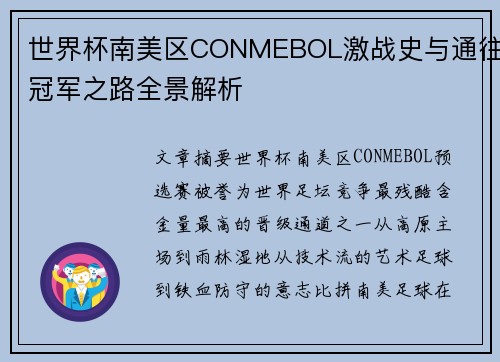 世界杯南美区CONMEBOL激战史与通往冠军之路全景解析