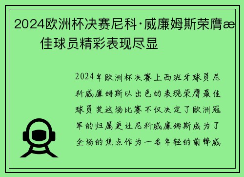 2024欧洲杯决赛尼科·威廉姆斯荣膺最佳球员精彩表现尽显